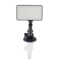 Black aluminium LED video conference light panel with 96 LEDs, shown next to a laptop.