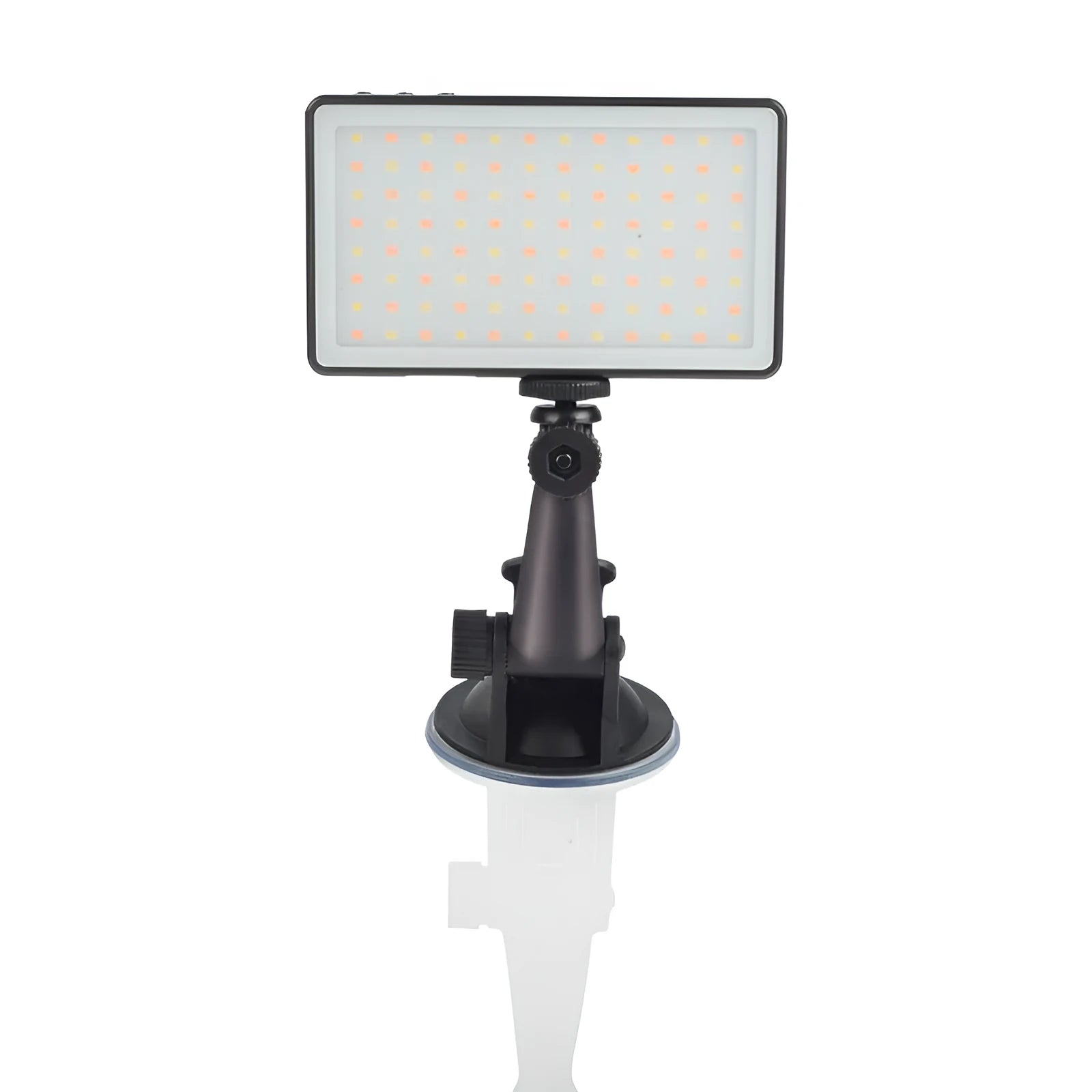 Black aluminium LED video conference light panel with 96 LEDs, shown next to a laptop.