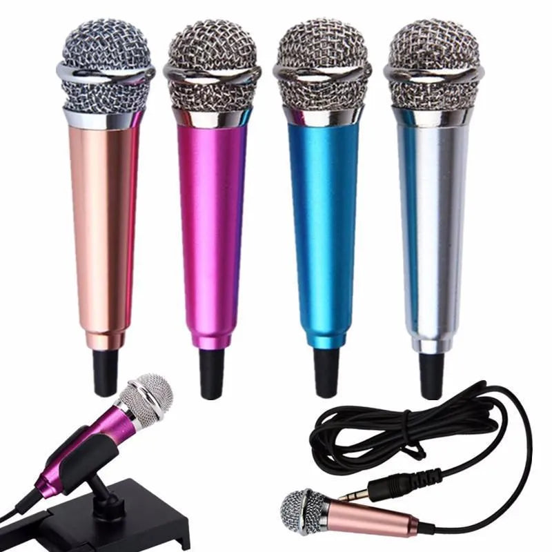 T3 wired condenser microphone for mobile phones in blue, gold, red, or silver colour options.
