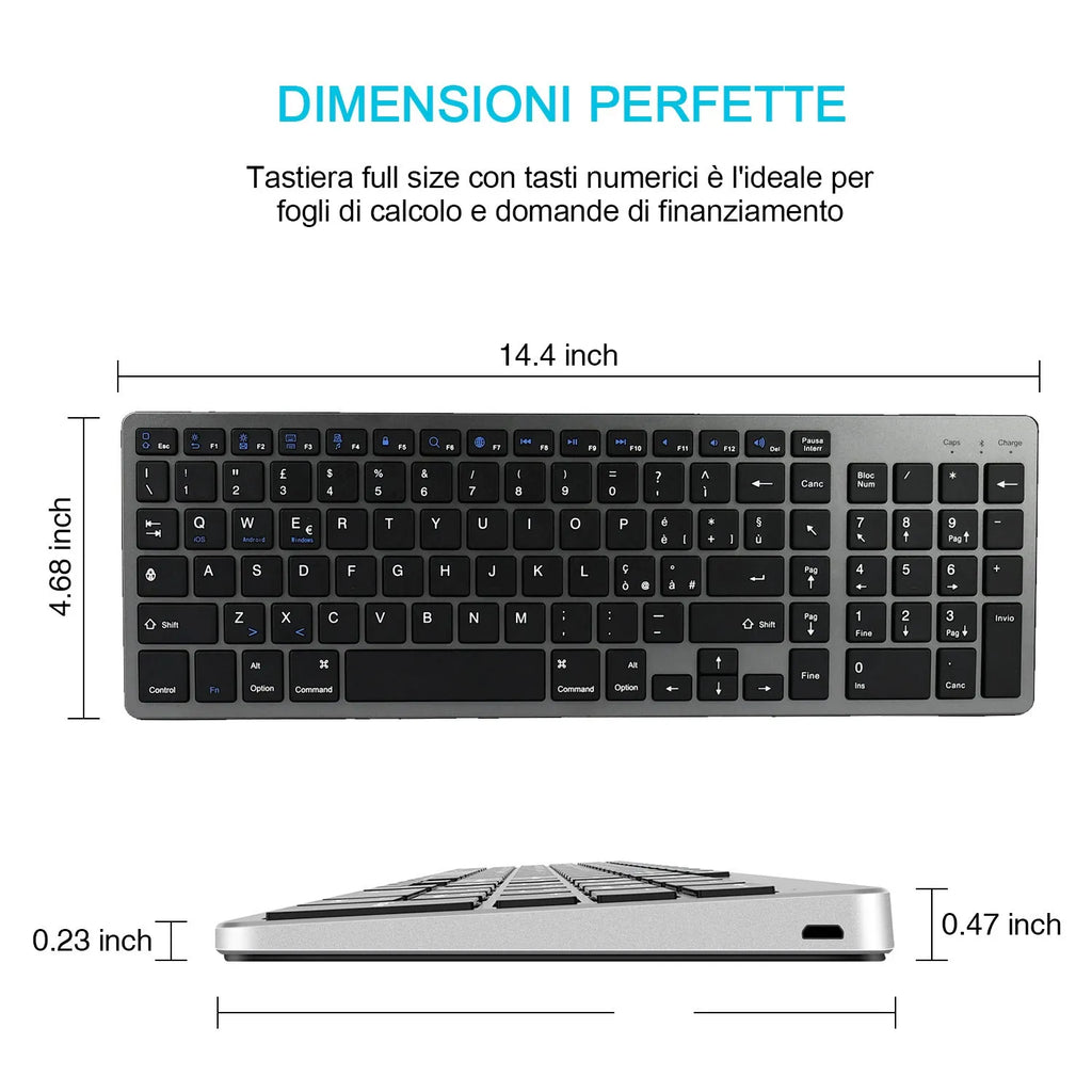 White universal Bluetooth keyboard for iPad tablets and mobile phones showing 104-key layout and ultra-thin 13mm profile