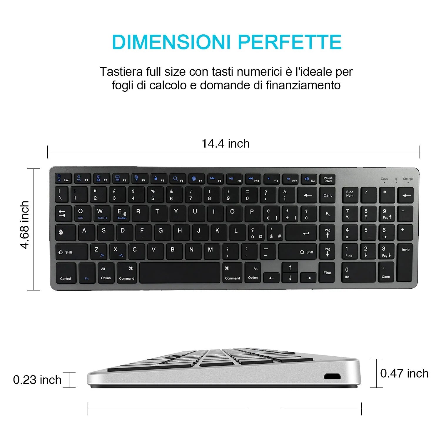 White universal Bluetooth keyboard for iPad tablets and mobile phones showing 104-key layout and ultra-thin 13mm profile