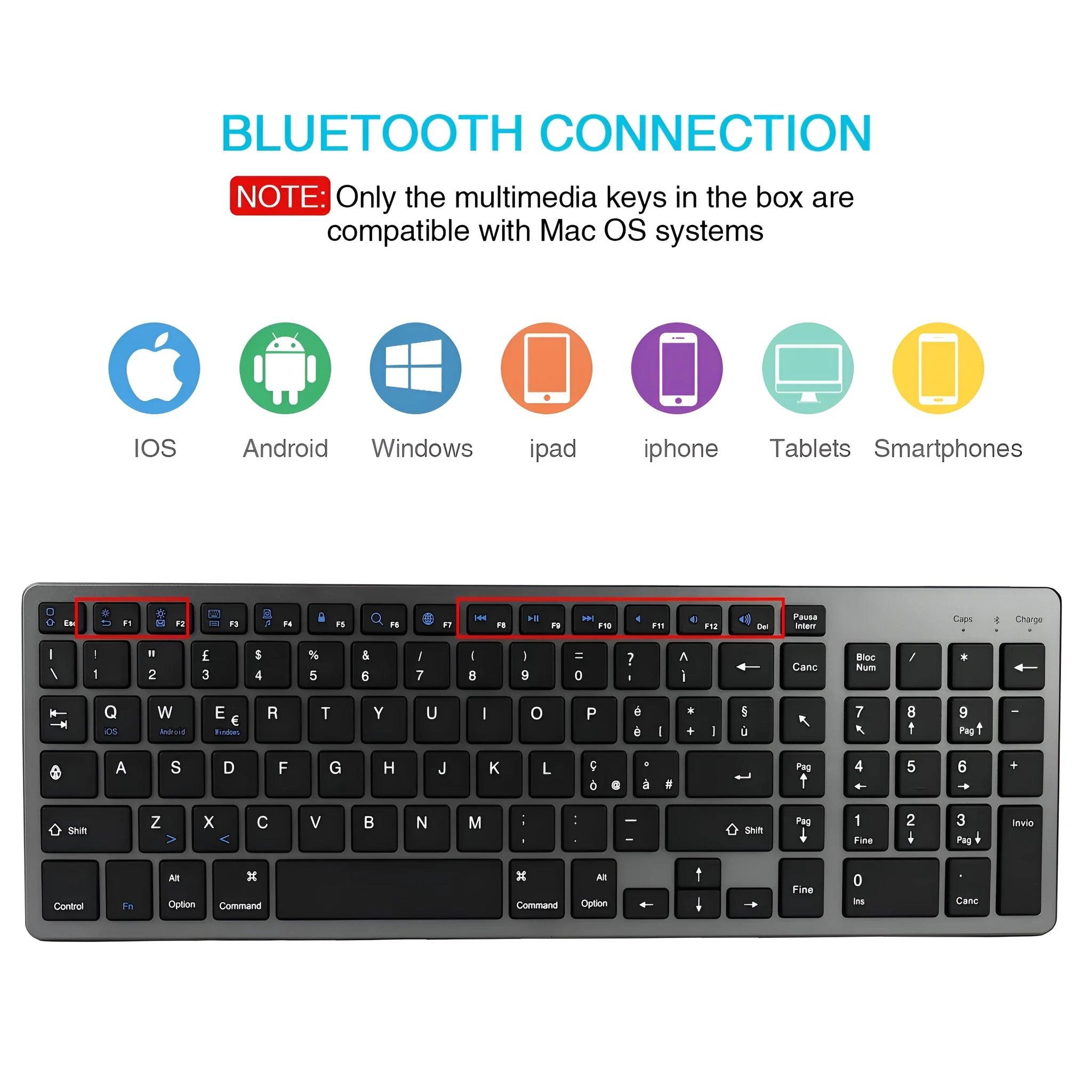 White universal Bluetooth keyboard for iPad tablets and mobile phones showing 104-key layout and ultra-thin 13mm profile