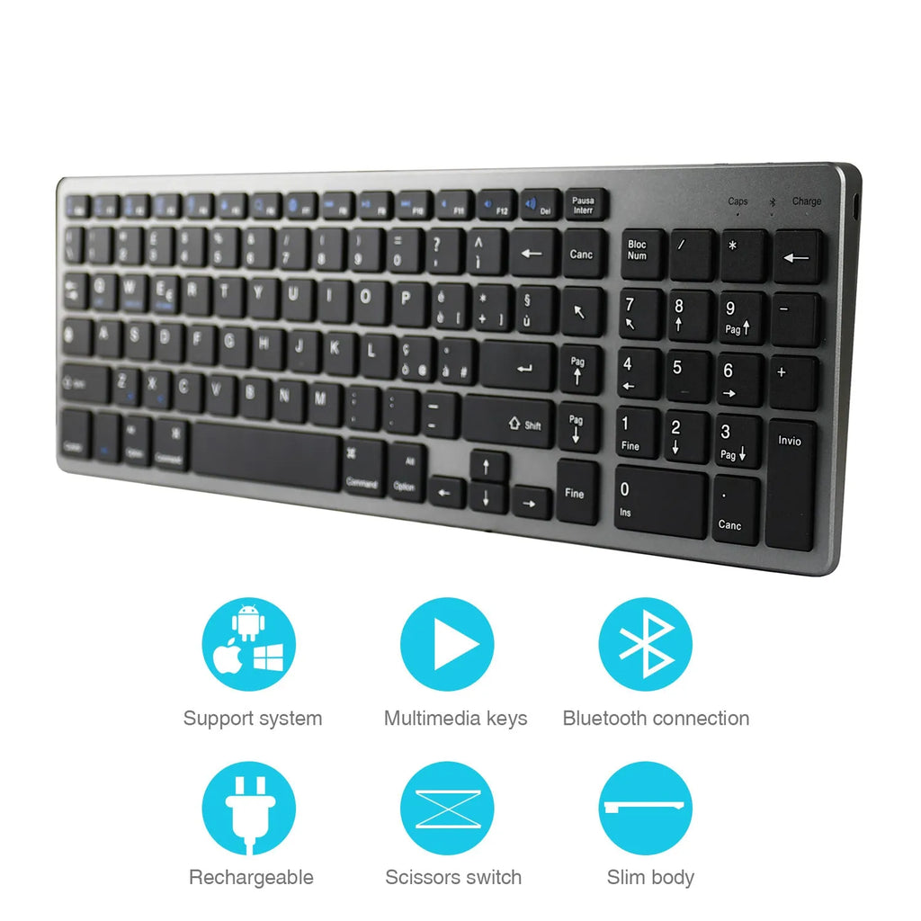 White universal Bluetooth keyboard for iPad tablets and mobile phones showing 104-key layout and ultra-thin 13mm profile