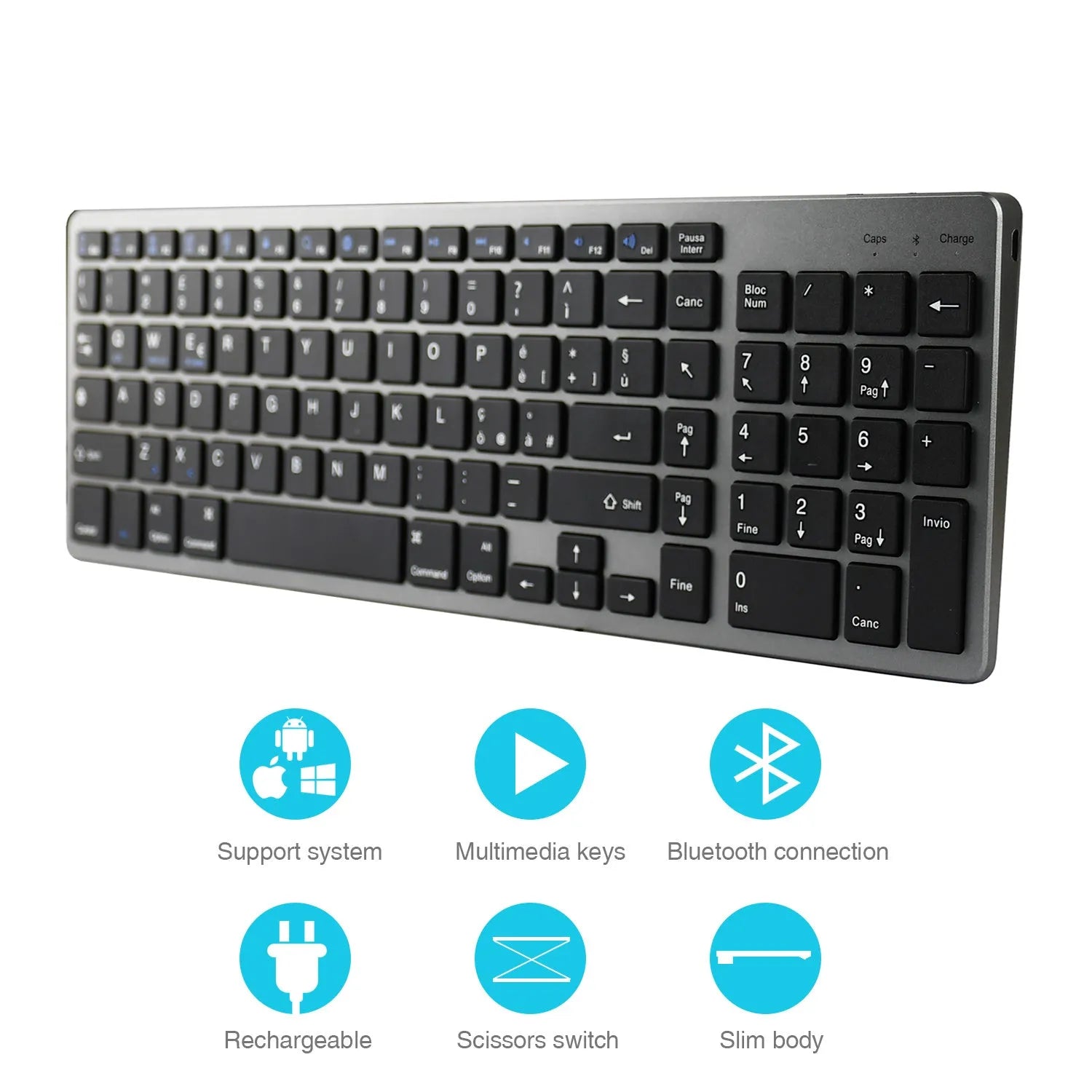 White universal Bluetooth keyboard for iPad tablets and mobile phones showing 104-key layout and ultra-thin 13mm profile