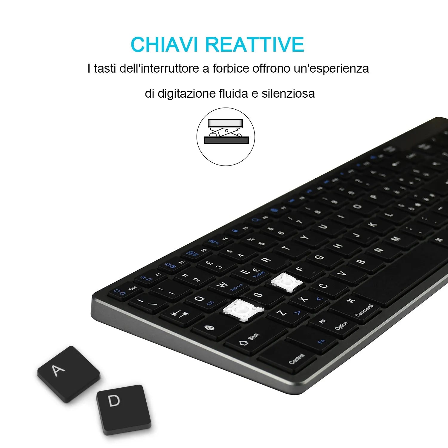White universal Bluetooth keyboard for iPad tablets and mobile phones showing 104-key layout and ultra-thin 13mm profile