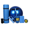 Five-piece beginner yoga set with purple mat, pink ball, tensioner, towel and brick