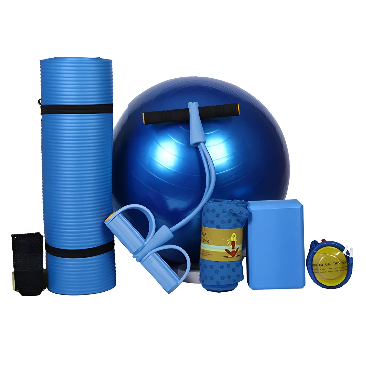 Five-piece beginner yoga set with purple mat, pink ball, tensioner, towel and brick