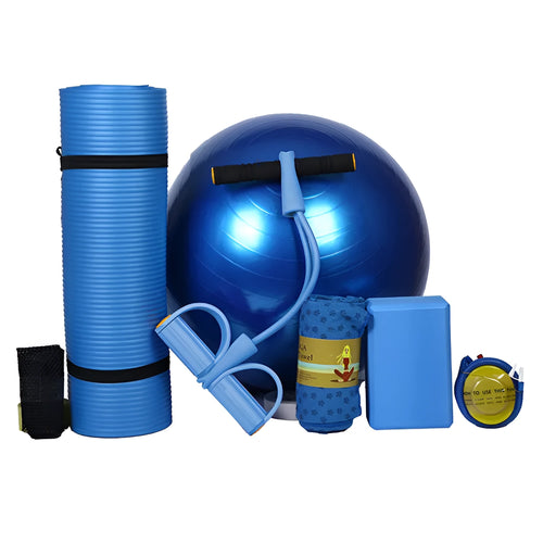 Five-piece beginner yoga set with purple mat, pink ball, tensioner, towel and brick