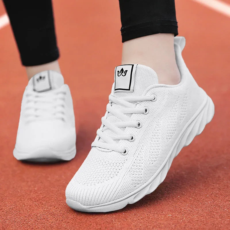 Women's white high-top casual shoes with shoe net top and cross-strap details