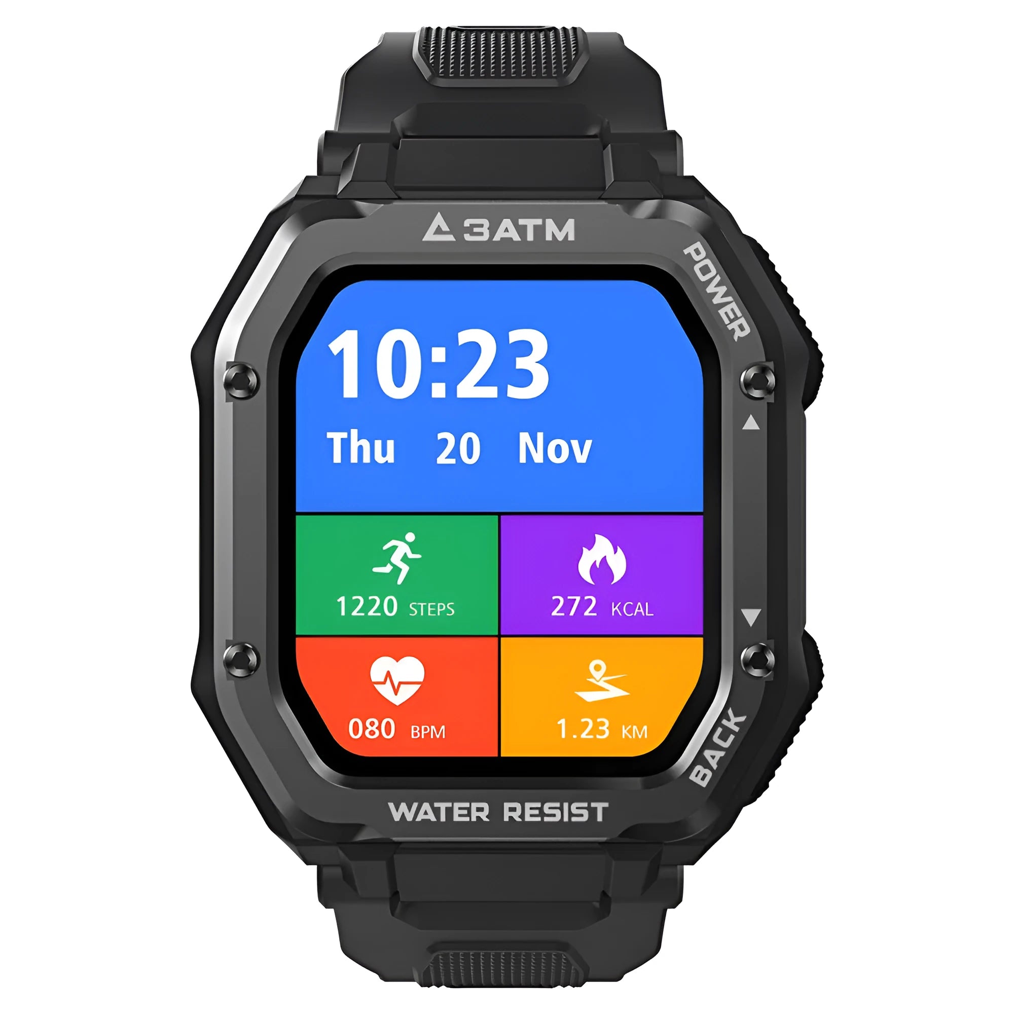 Army green outdoor sports smartwatch with 1.69-inch screen and silicone wristband showing sports mode display
