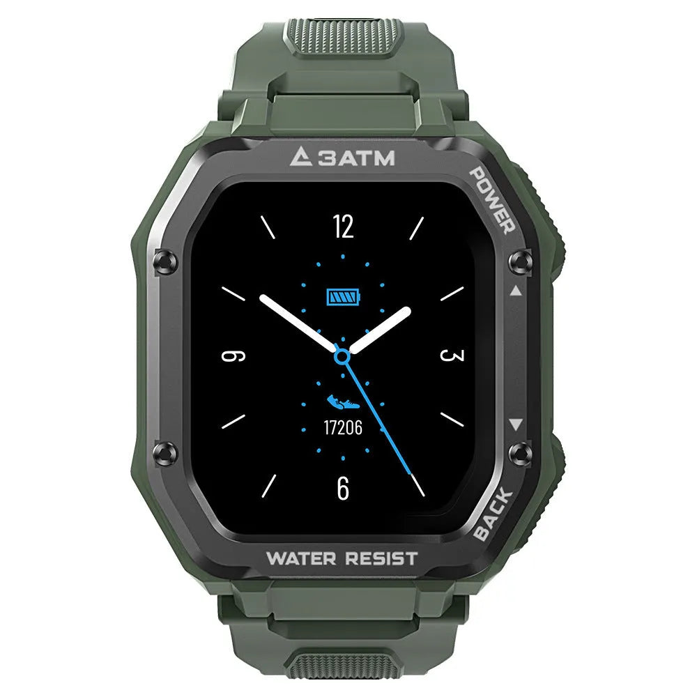 Army green outdoor sports smartwatch with 1.69-inch screen and silicone wristband showing sports mode display