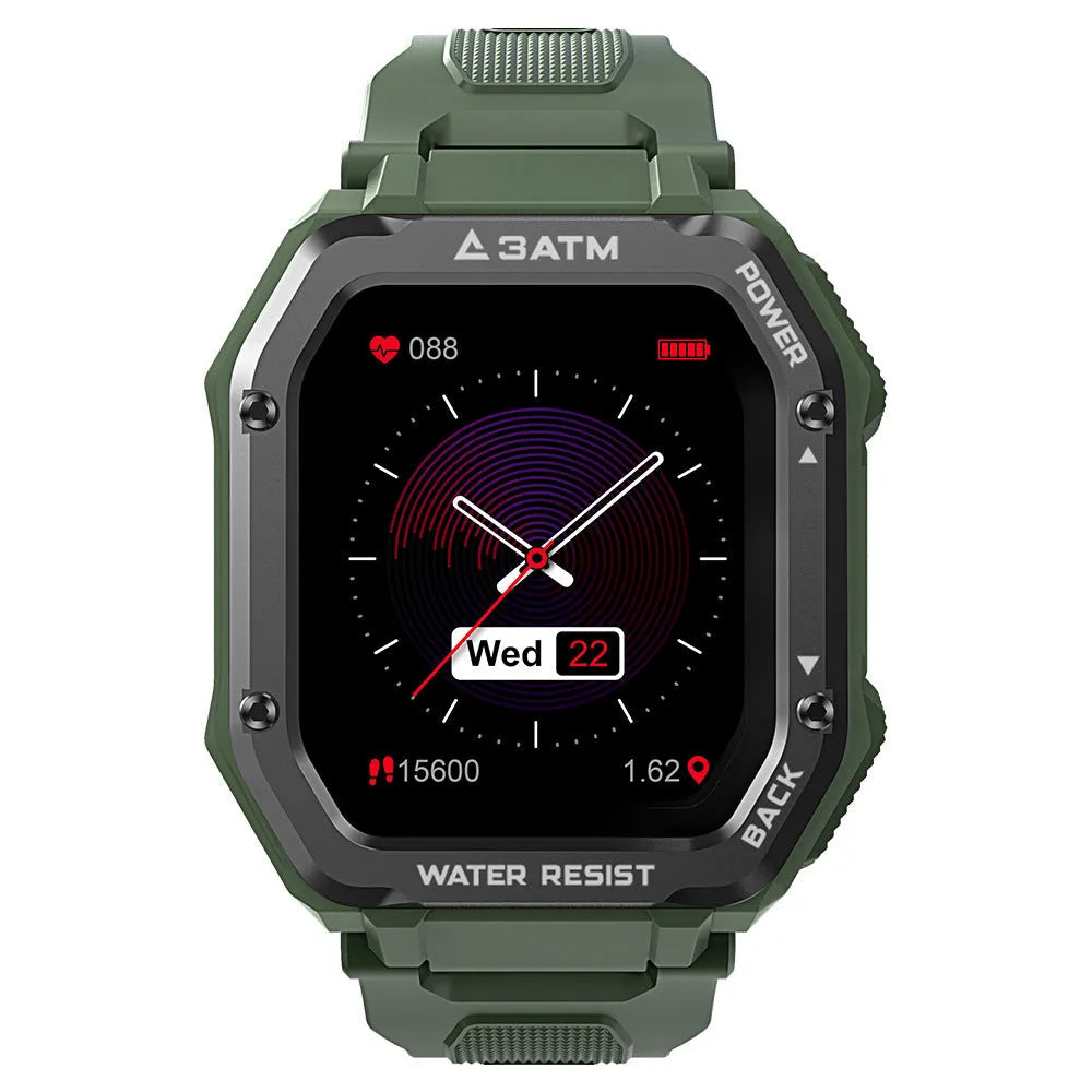 Army green outdoor sports smartwatch with 1.69-inch screen and silicone wristband showing sports mode display