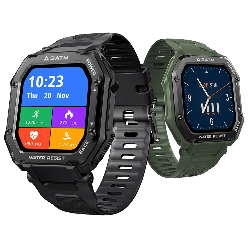 Army green outdoor sports smartwatch with 1.69-inch screen and silicone wristband showing sports mode display