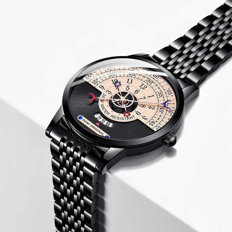 M-1288 men's quartz watch with gold 40mm dial and stainless steel strap on white background