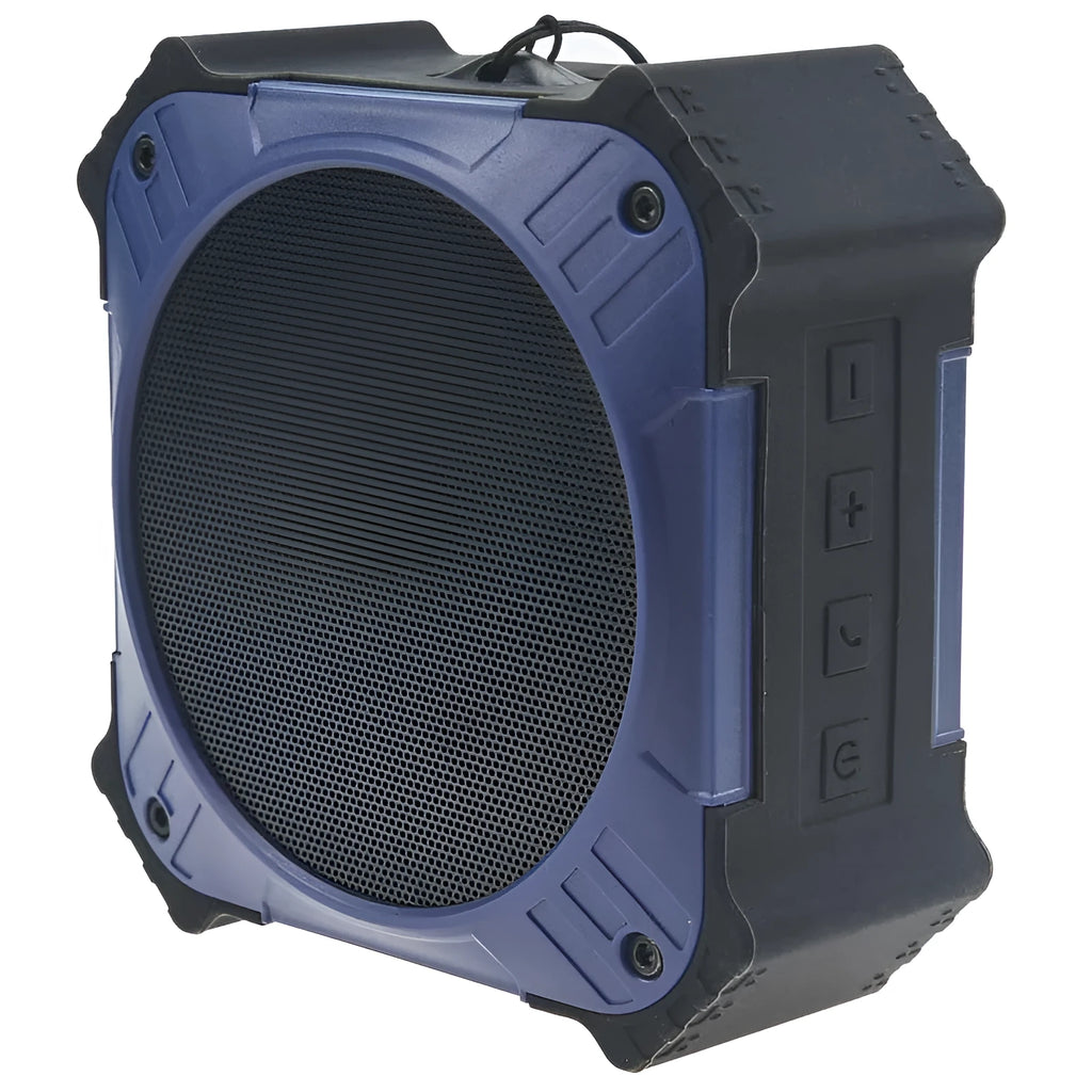 Compact black or blue waterproof Bluetooth portable speaker with a wrist strap.