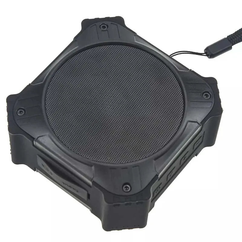 Compact black or blue waterproof Bluetooth portable speaker with a wrist strap.