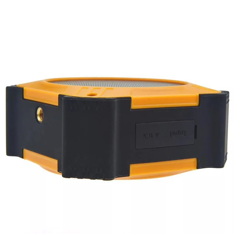 Compact black or blue waterproof Bluetooth portable speaker with a wrist strap.