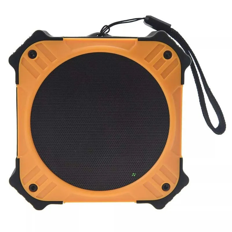 Compact black or blue waterproof Bluetooth portable speaker with a wrist strap.