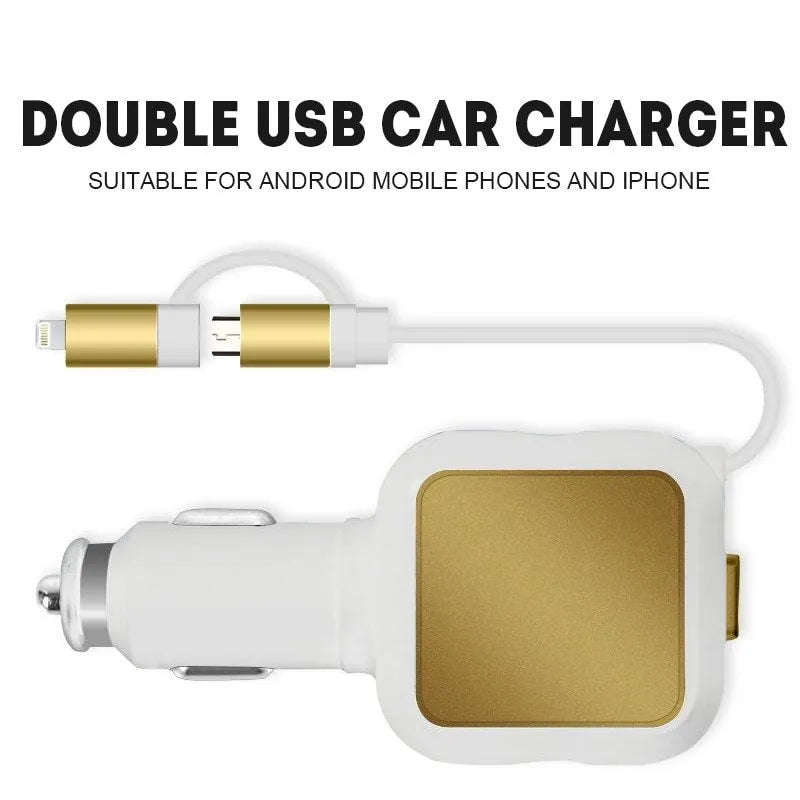 Black and gold 2-in-1 dual USB retractable car charger with two ports