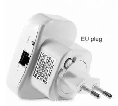 Compact black and white WiFi repeater with multi-country plugs and network cable