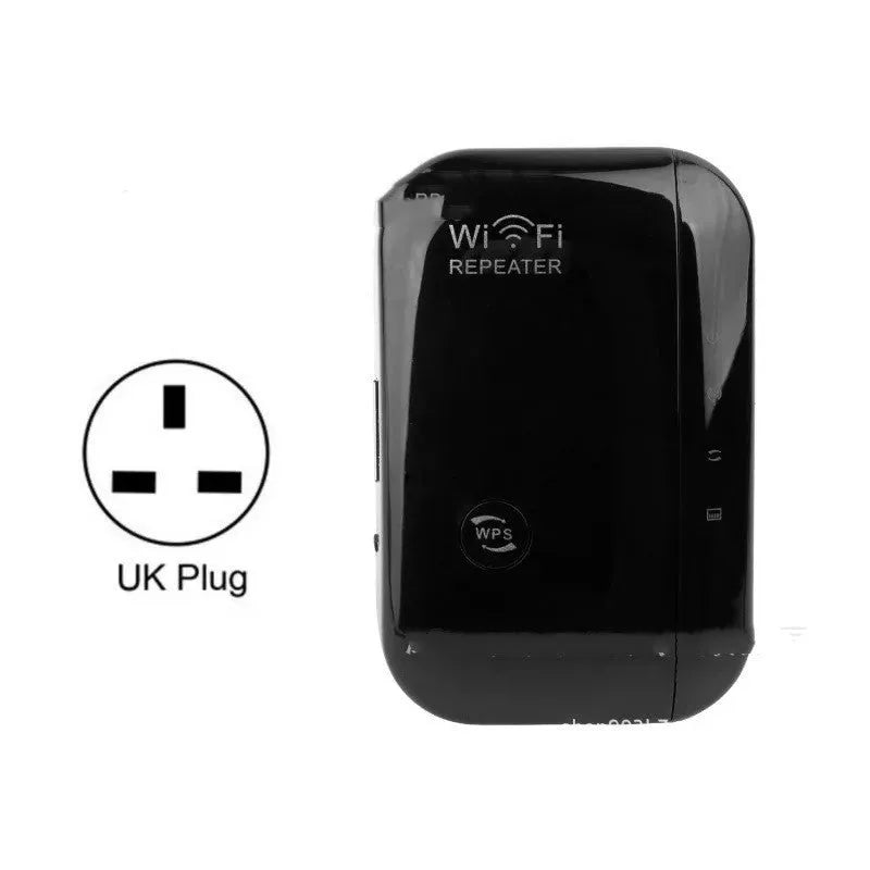 Compact black and white WiFi repeater with multi-country plugs and network cable