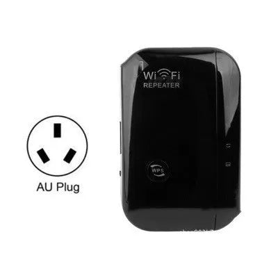 Compact black and white WiFi repeater with multi-country plugs and network cable