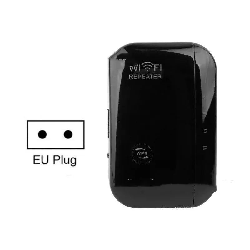 Compact black and white WiFi repeater with multi-country plugs and network cable