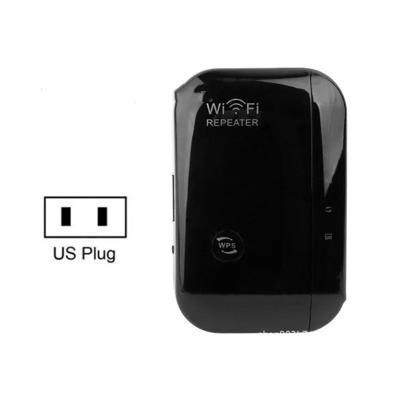 Compact black and white WiFi repeater with multi-country plugs and network cable