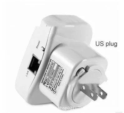 Compact black and white WiFi repeater with multi-country plugs and network cable