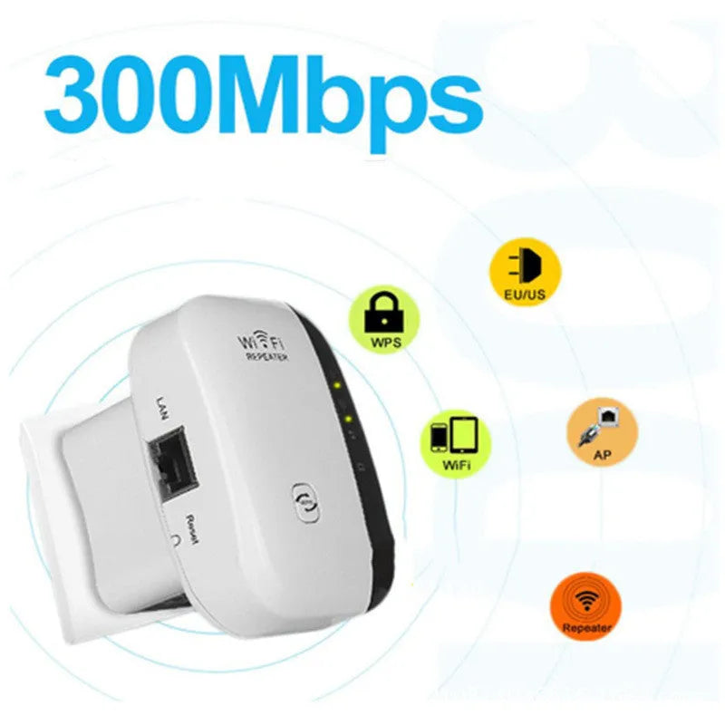 Compact black and white WiFi repeater with multi-country plugs and network cable