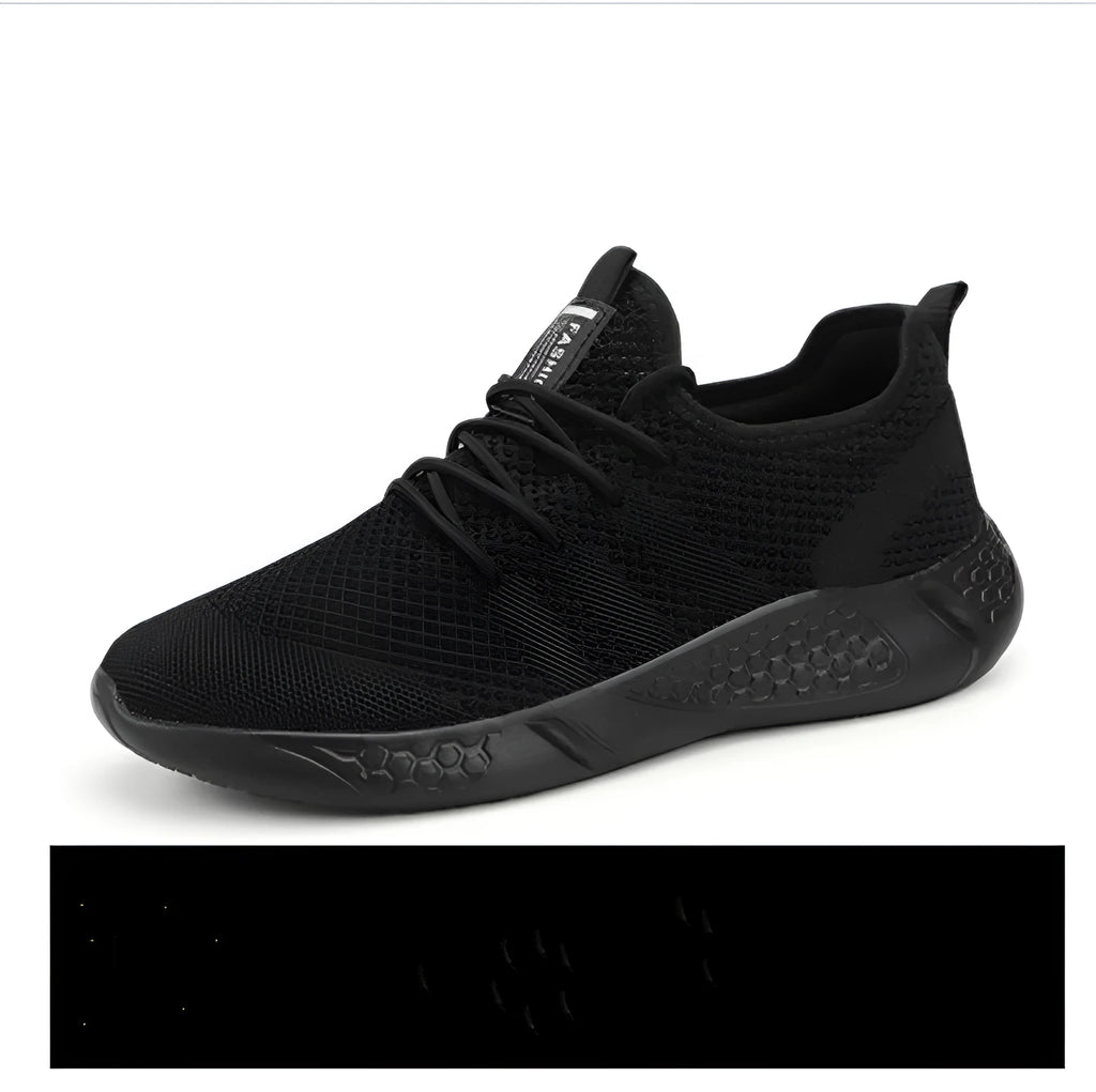 Men's black and white mesh sneakers with round toe and PVC sole for casual sport wear