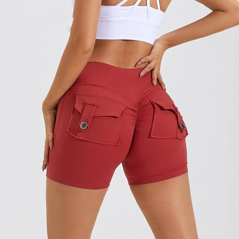 Women's high-waisted hip lifting shorts with pockets in quick-dry nylon fabric