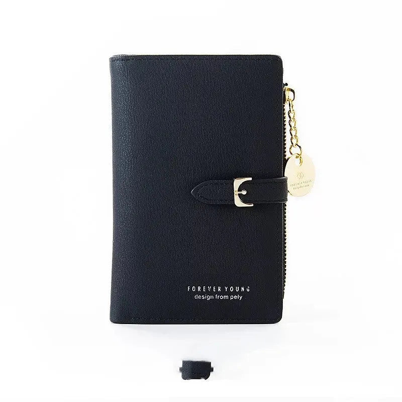 Women's PU leather clutch wallet in black, 2 fold, zipper buckle, 14.5 cm x 9.5 cm x 2 cm