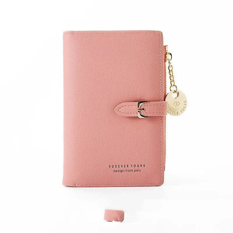Women's PU leather clutch wallet in black, 2 fold, zipper buckle, 14.5 cm x 9.5 cm x 2 cm
