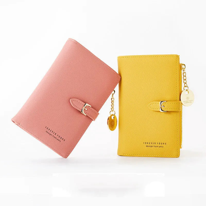 Women's PU leather clutch wallet in black, 2 fold, zipper buckle, 14.5 cm x 9.5 cm x 2 cm
