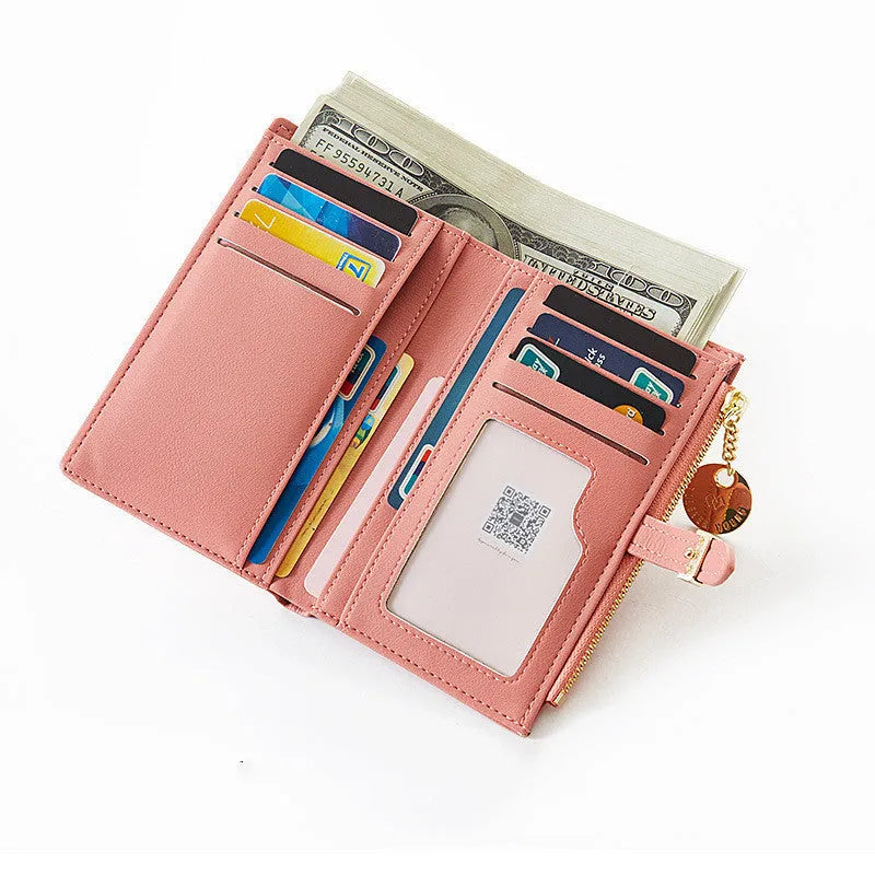 Women's PU leather clutch wallet in black, 2 fold, zipper buckle, 14.5 cm x 9.5 cm x 2 cm