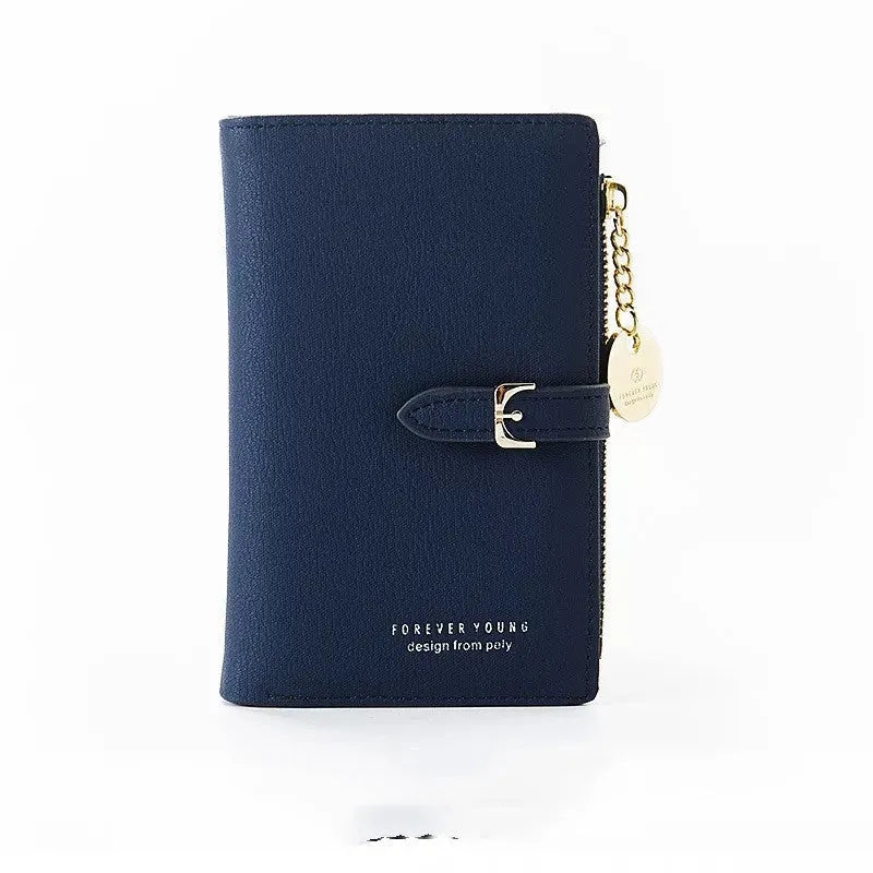 Women's PU leather clutch wallet in black, 2 fold, zipper buckle, 14.5 cm x 9.5 cm x 2 cm
