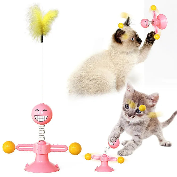 Cat rotating windmill toy with suction base and two transparent bins on blades