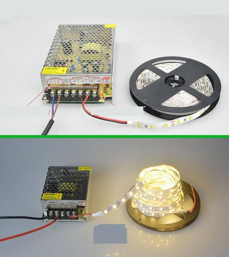 12V LED light strip with rectangular profile showing 2835 or 5050 LEDs mounted for shelf lighting applications