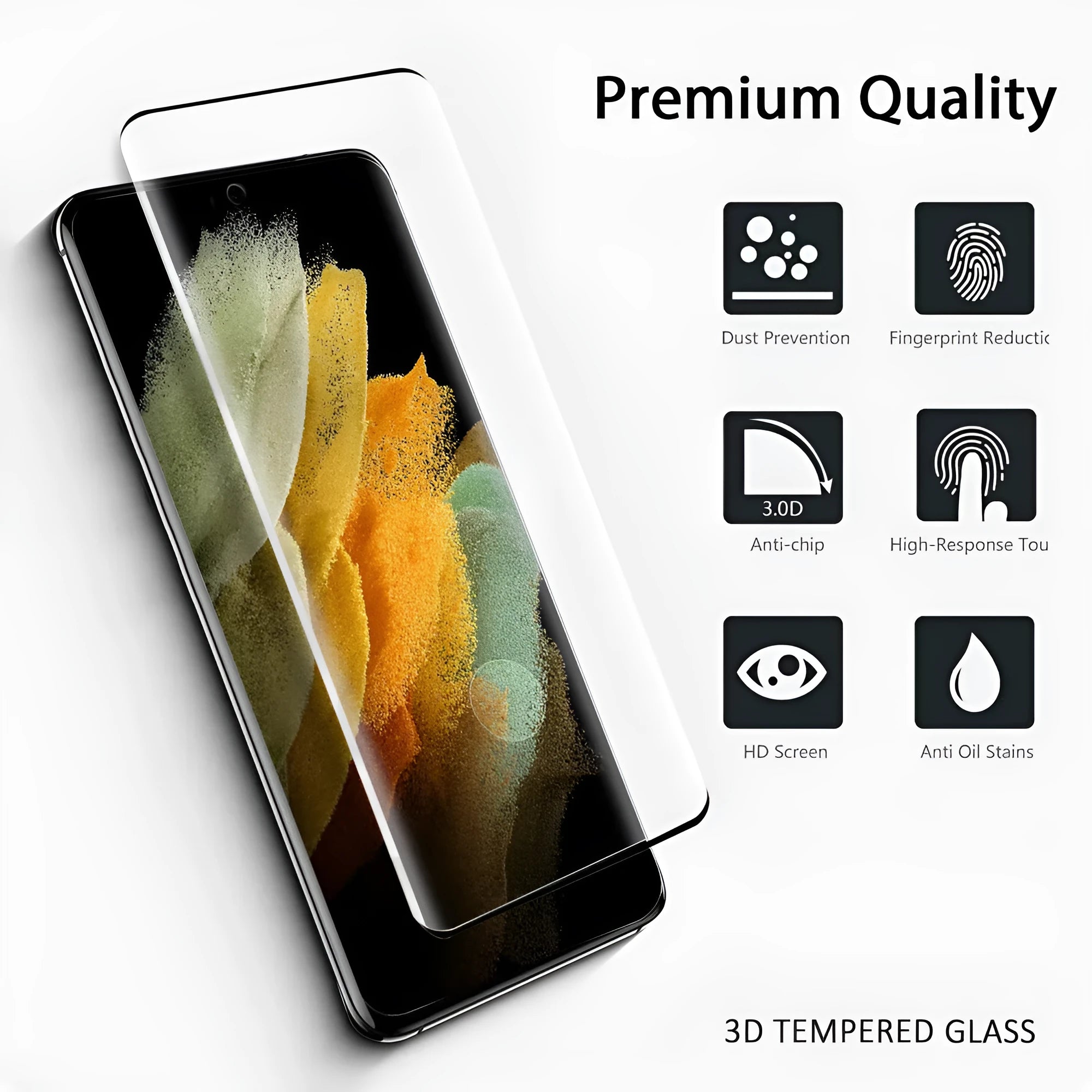 Samsung Galaxy S21 Ultra tempered glass screen protector showing full-screen coverage on a curved phone display.