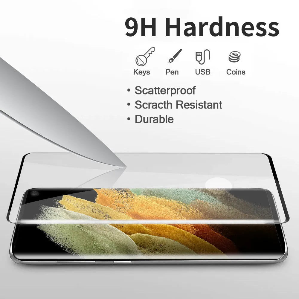 Samsung Galaxy S21 Ultra tempered glass screen protector showing full-screen coverage on a curved phone display.