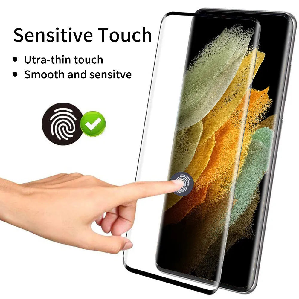 Samsung Galaxy S21 Ultra tempered glass screen protector showing full-screen coverage on a curved phone display.