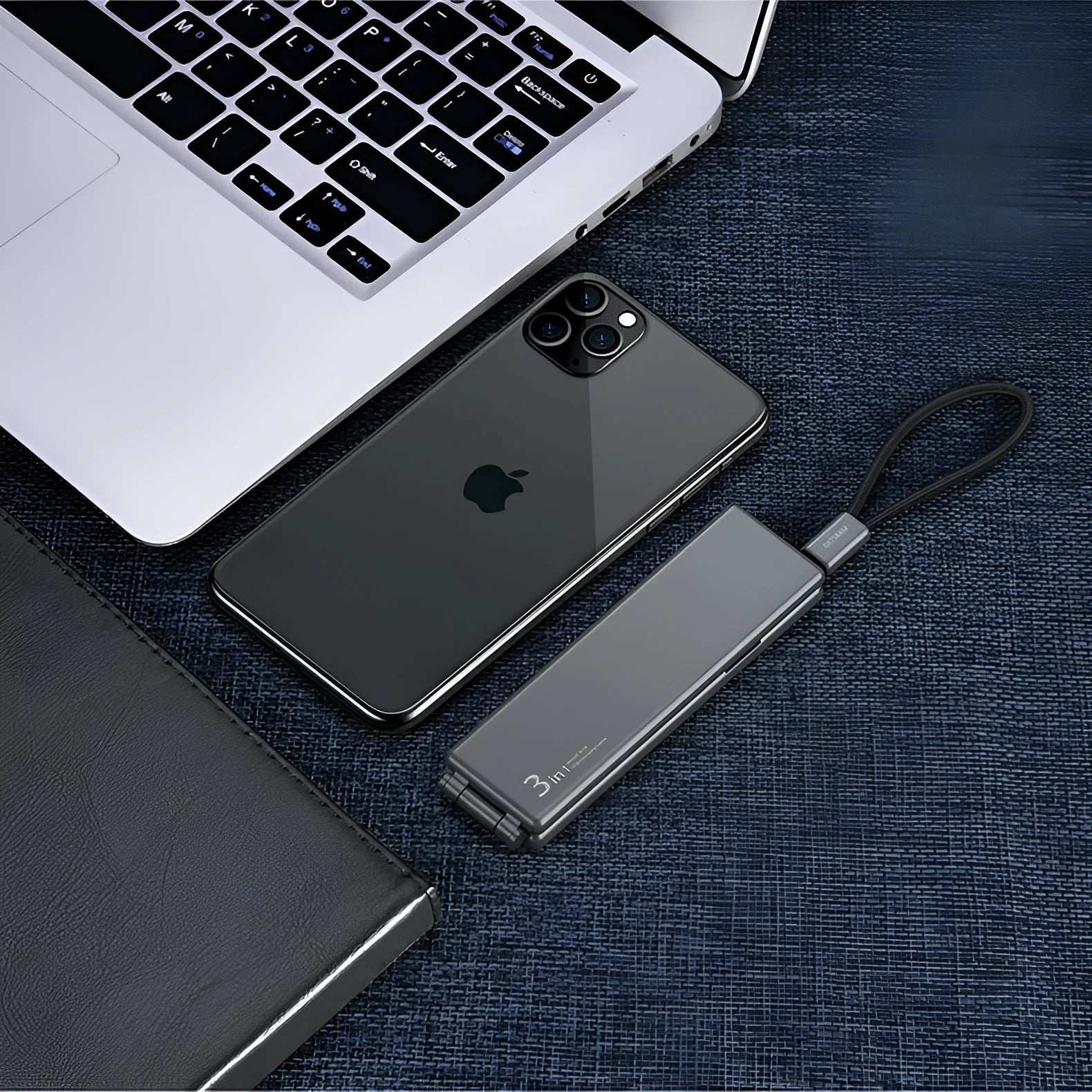 Portable one for three charger cable with iPhone, Type-C, and Micro USB connectors in four colour options