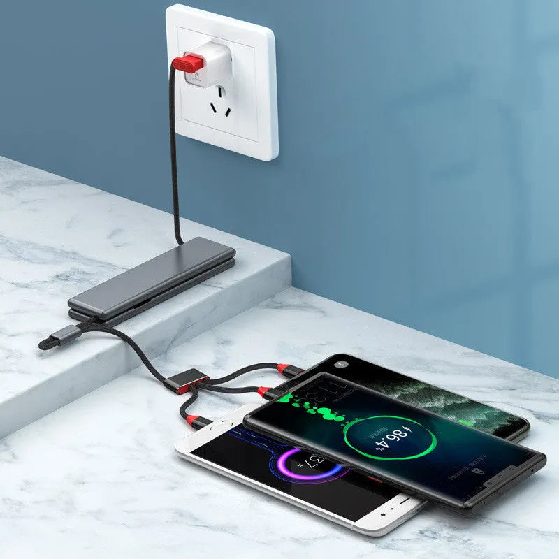Portable one for three charger cable with iPhone, Type-C, and Micro USB connectors in four colour options