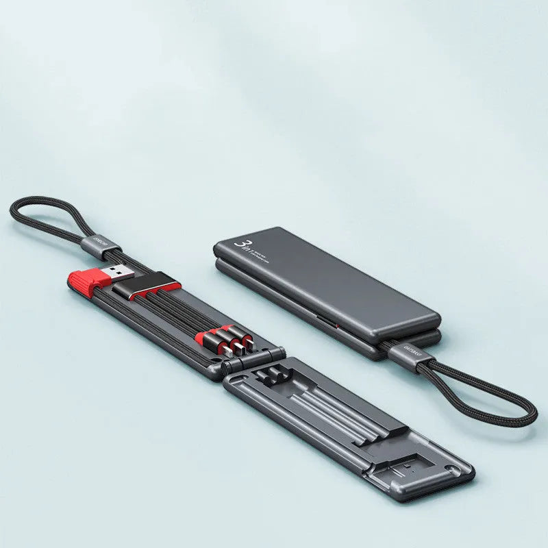 Portable one for three charger cable with iPhone, Type-C, and Micro USB connectors in four colour options