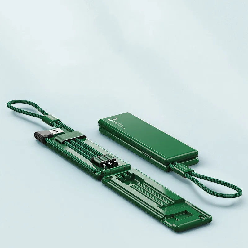 Portable one for three charger cable with iPhone, Type-C, and Micro USB connectors in four colour options