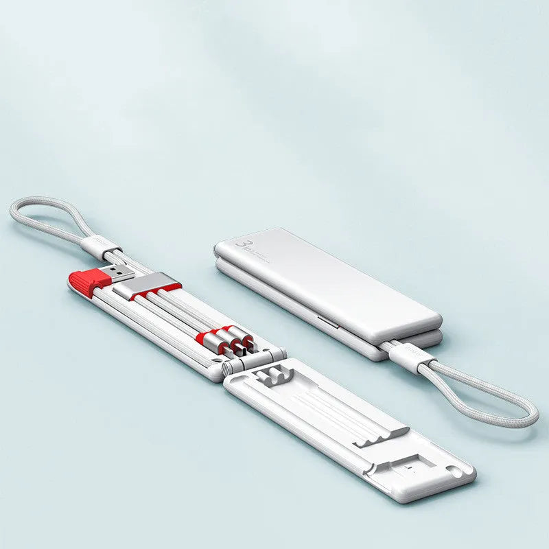 Portable one for three charger cable with iPhone, Type-C, and Micro USB connectors in four colour options