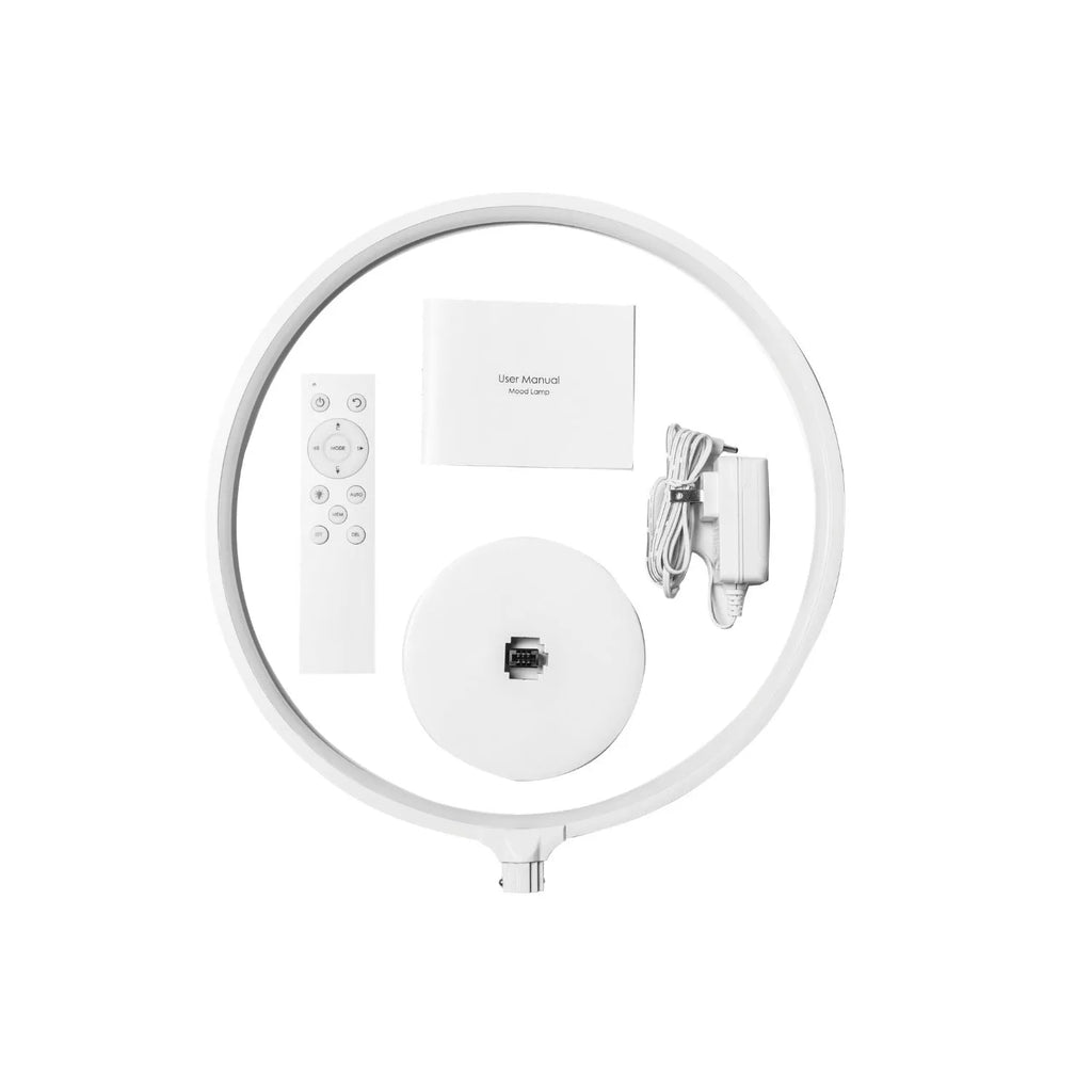 White Full Moon table lamp with remote control on a wooden surface.