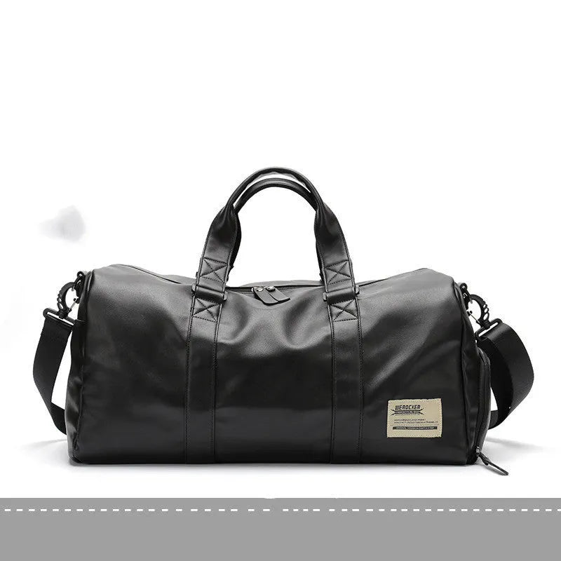 Large black waterproof PU leather sports training bag with multiple internal compartments.