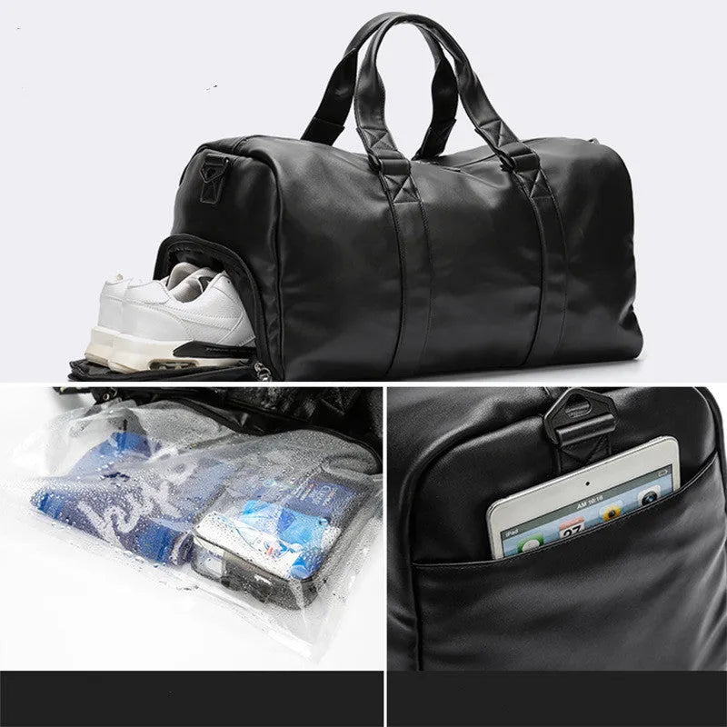 Large black waterproof PU leather sports training bag with multiple internal compartments.